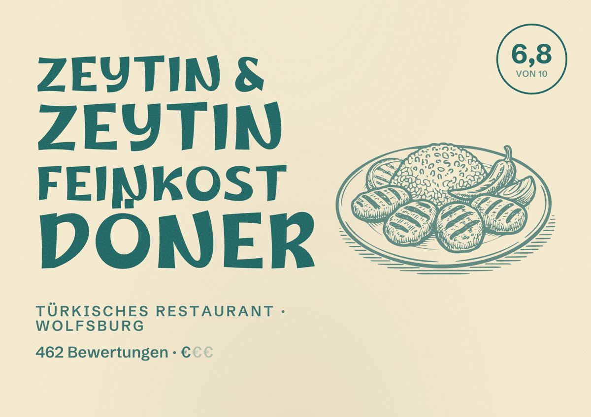 Illustriertes Poster von Zeytin & Zeytin Feinkost Döner, Türkisches Restaurant in Wolfsburg: Gästebewertung 6,8 von 10 aus 462 Bewertungen