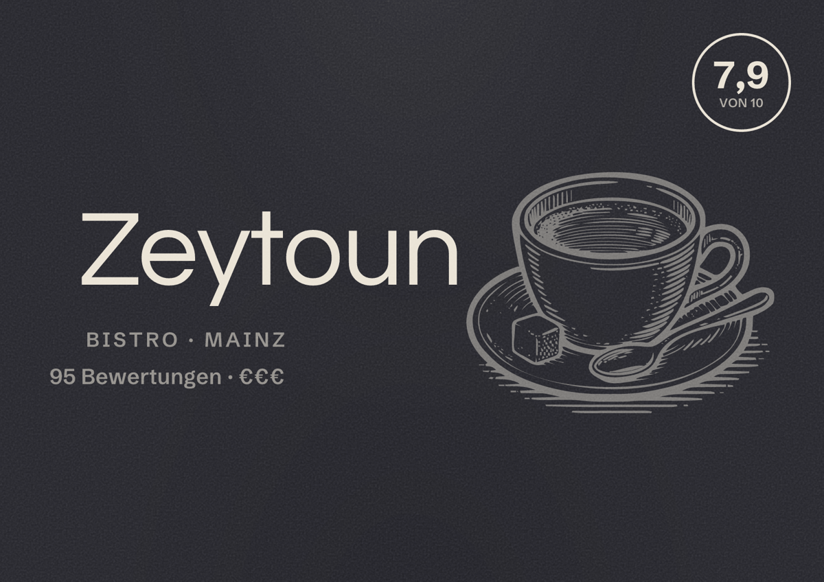Illustriertes Poster von Zeytoun, Bistro in Mainz: Bewertung 7,9 von 10 aus 95 Bewertungen, Preisniveau €€€