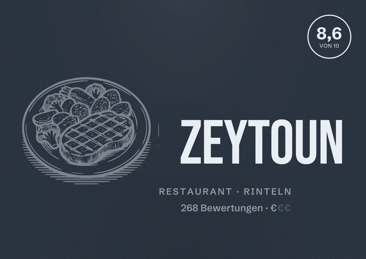 Illustriertes Poster von Zeytoun, Restaurant in Rinteln: Bewertung 8,6 von 10 aus 268 Bewertungen, Preisniveau €