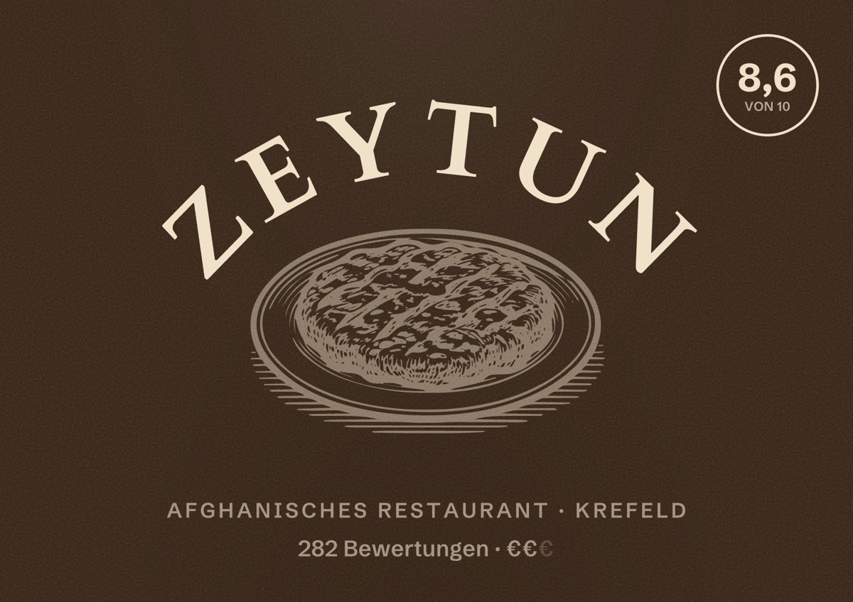 Illustriertes Poster von Zeytun, Afghanisches Restaurant in Krefeld: Bewertung 8,6 von 10 aus 282 Bewertungen, Preisniveau €€