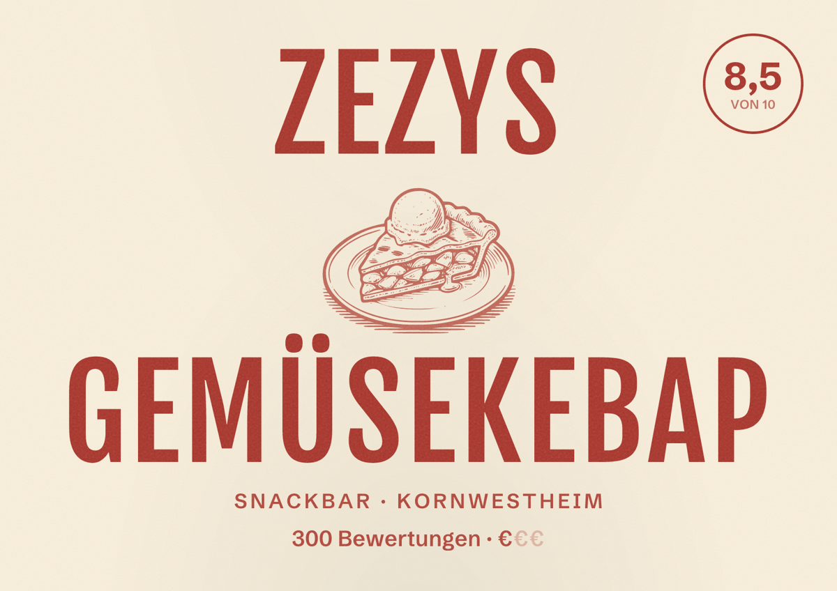 Illustriertes Poster von ZEZYS Gemüsekebap, Snackbar in Kornwestheim: Bewertung 8,5 von 10 aus 300 Bewertungen, Preisniveau €