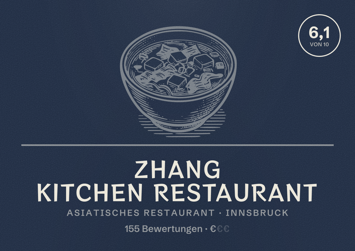 Illustriertes Poster von Zhang Kitchen Restaurant, Asiatisches Restaurant in Innsbruck: Bewertung 6,1 von 10 aus 155 Bewertungen, Preisniveau €