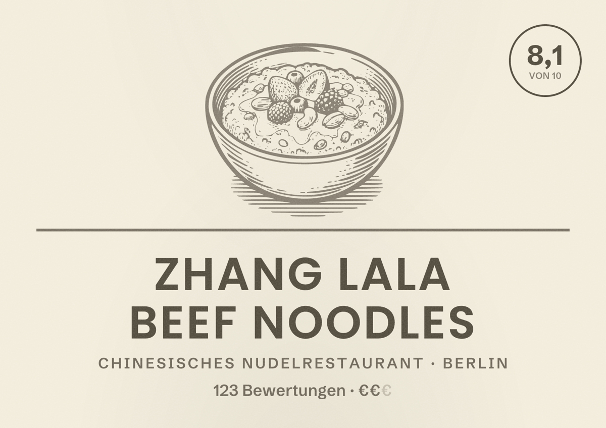 Illustriertes Poster von Zhang Lala Beef Noodles, Chinesisches Nudelrestaurant in Berlin: Bewertung 8,1 von 10 aus 123 Bewertungen, Preisniveau €€