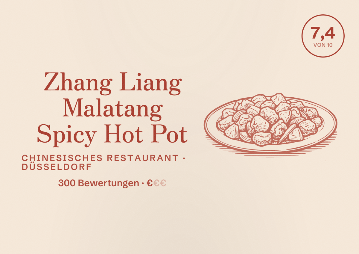 Illustriertes Poster von Zhang Liang Malatang Spicy Hot Pot, Chinesisches Restaurant in Düsseldorf: Bewertung 7,4 von 10 aus 300 Bewertungen, Preisniveau €