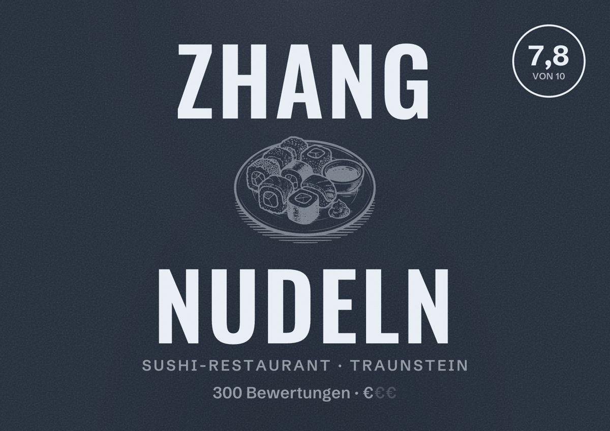 Illustriertes Poster von Zhang Nudeln, Sushi-Restaurant in Traunstein: Bewertung 7,8 von 10 aus 300 Bewertungen, Preisniveau €