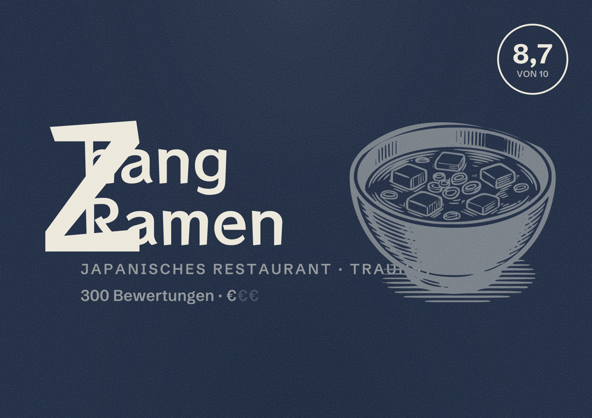 Illustriertes Poster von Zhang Ramen, Japanisches Restaurant in Traunstein: Bewertung 8,7 von 10 aus 300 Bewertungen, Preisniveau €