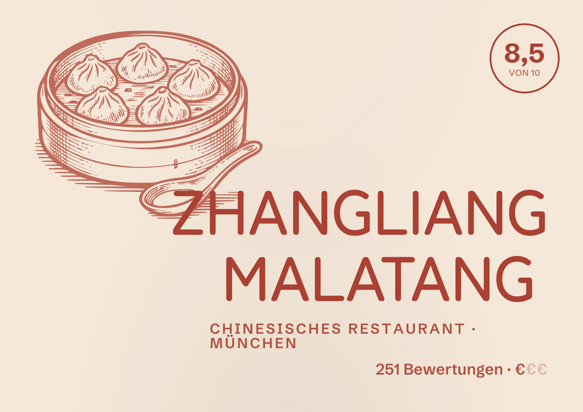 Illustriertes Poster von ZHANGLIANG MALATANG, Chinesisches Restaurant in München: Bewertung 8,5 von 10 aus 251 Bewertungen, Preisniveau €