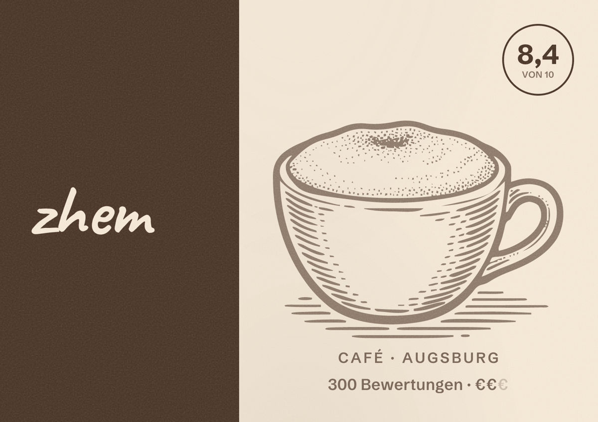 Illustriertes Poster von zhem, Café in Augsburg: Bewertung 8,4 von 10 aus 300 Bewertungen, Preisniveau €€