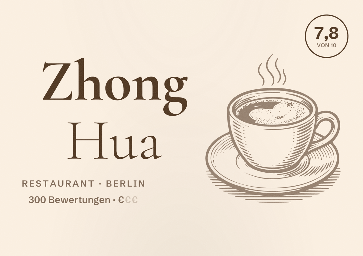 Illustriertes Poster von Zhong Hua, Restaurant in Berlin: Bewertung 7,8 von 10 aus 300 Bewertungen, Preisniveau €