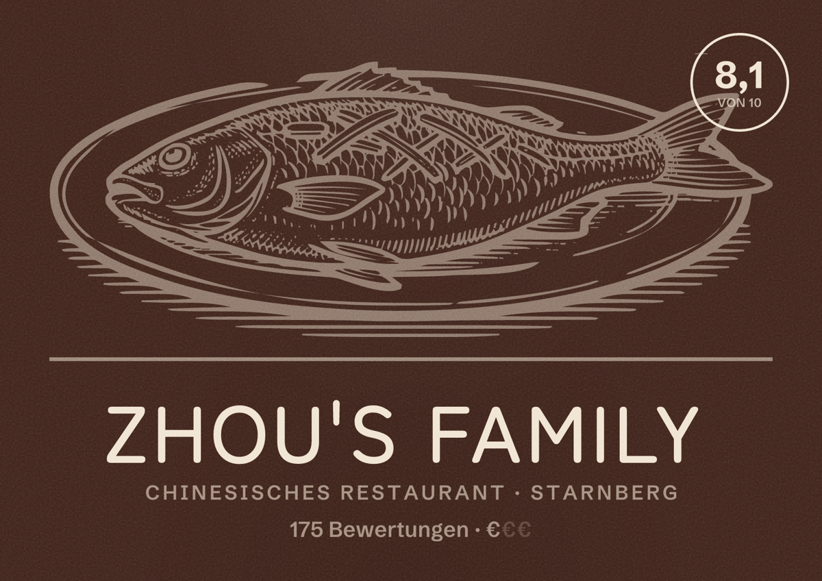 Illustriertes Poster von Zhou's Family, Chinesisches Restaurant in Starnberg: Bewertung 8,1 von 10 aus 175 Bewertungen, Preisniveau €