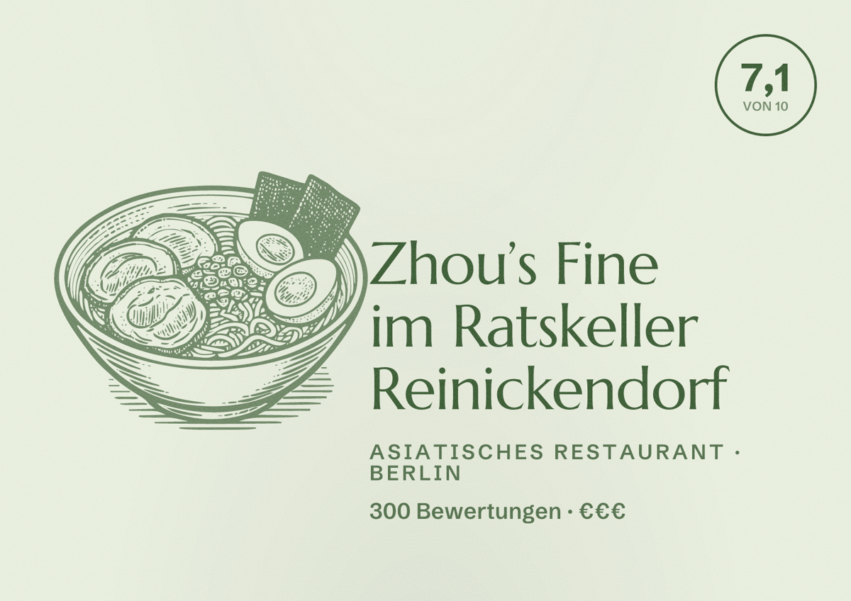 Illustriertes Poster von Zhou’s Fine im Ratskeller Reinickendorf, Asiatisches Restaurant in Berlin: Bewertung 7,1 von 10 aus 300 Bewertungen, Preisniveau €€€