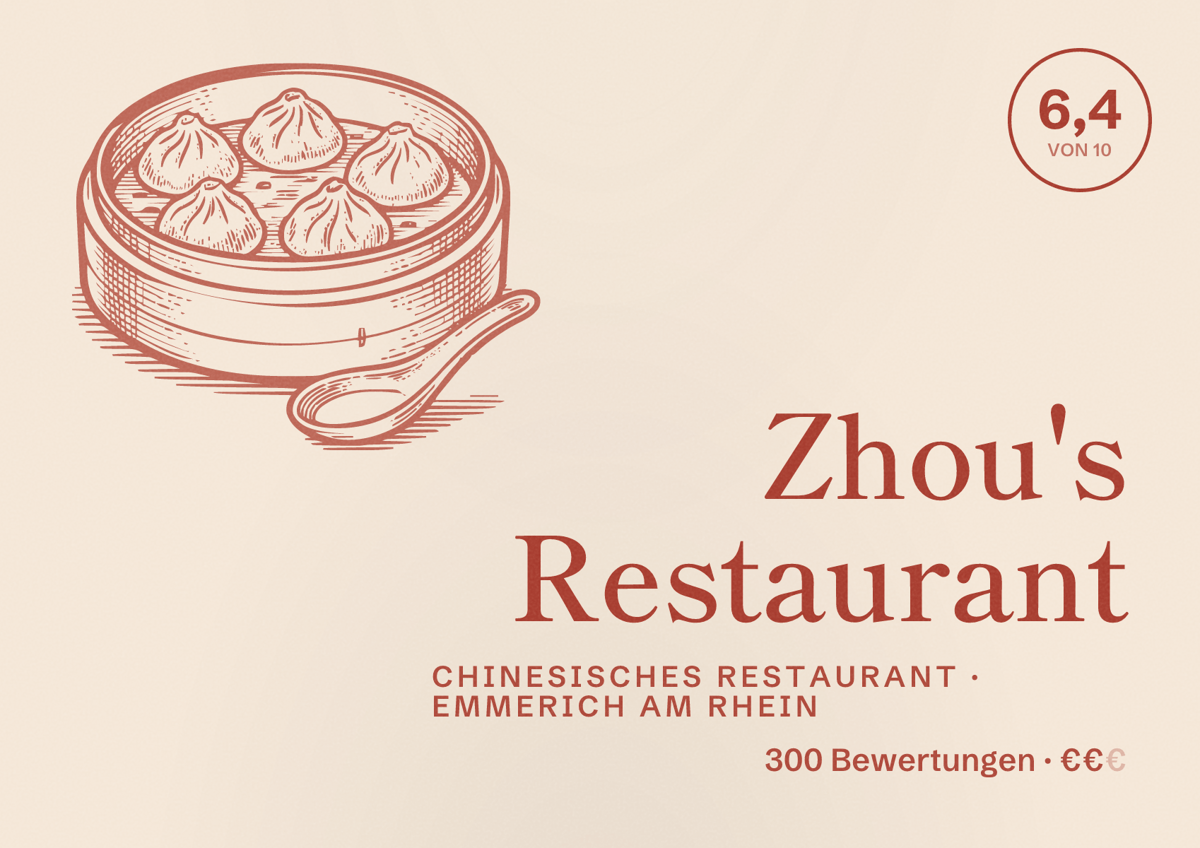 Illustriertes Poster von Zhou's Restaurant, Chinesisches Restaurant in Emmerich am Rhein: Bewertung 6,4 von 10 aus 300 Bewertungen, Preisniveau €€