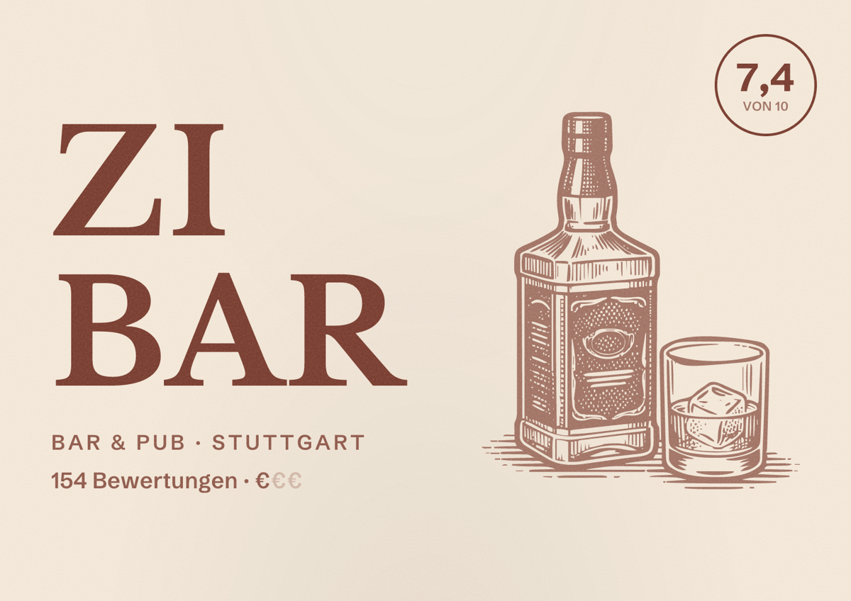 Illustriertes Poster von Zi Bar, Bar & Pub in Stuttgart: Bewertung 7,4 von 10 aus 154 Bewertungen, Preisniveau €