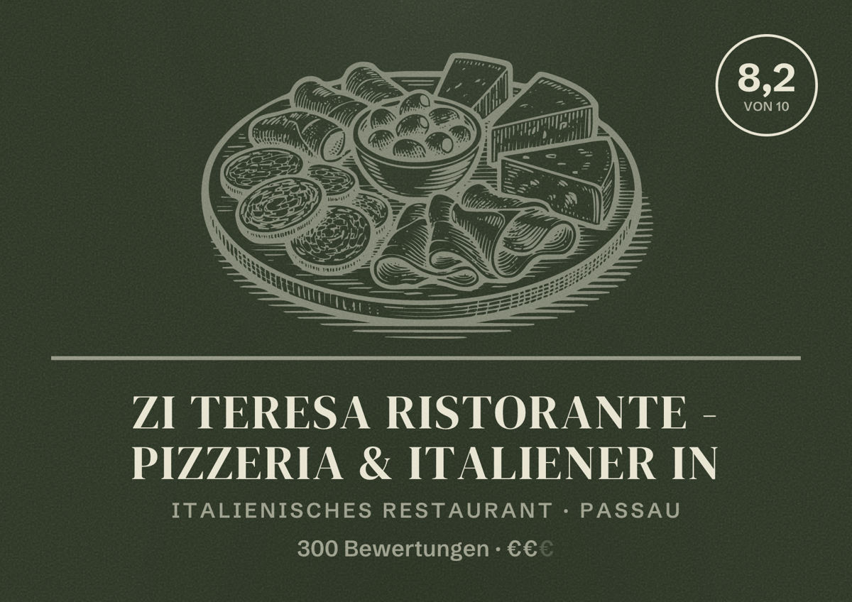 Illustriertes Poster von Zi Teresa Ristorante - Pizzeria & Italiener in, Italienisches Restaurant in Passau: Bewertung 8,2 von 10 aus 300 Bewertungen, Preisniveau €€