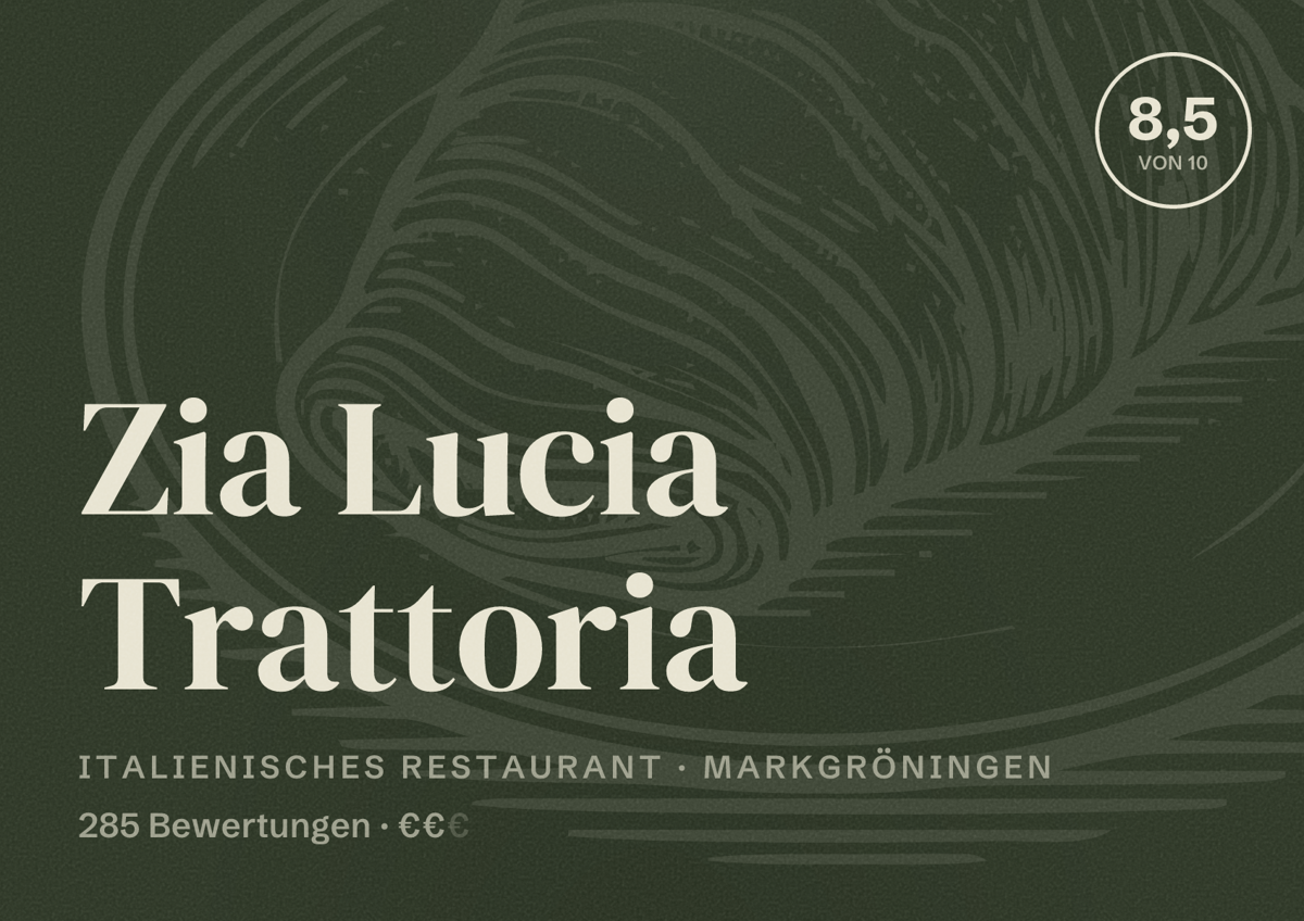 Illustriertes Poster von Zia Lucia Trattoria, Italienisches Restaurant in Markgröningen: Bewertung 8,5 von 10 aus 285 Bewertungen, Preisniveau €€