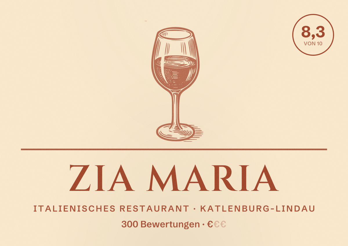 Illustriertes Poster von Zia Maria, Italienisches Restaurant in Katlenburg-Lindau: Bewertung 8,3 von 10 aus 300 Bewertungen, Preisniveau €