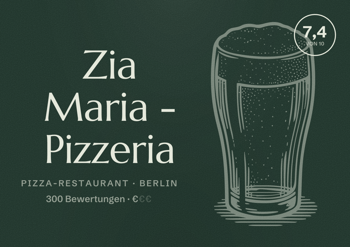 Illustriertes Poster von Zia Maria - Pizzeria, Pizza-Restaurant in Berlin: Bewertung 7,4 von 10 aus 300 Bewertungen, Preisniveau €