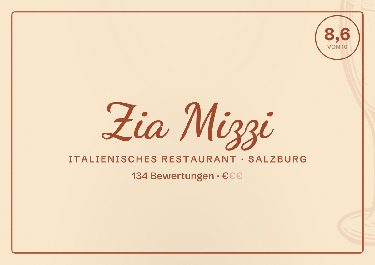 Illustriertes Poster von Zia Mizzi, Italienisches Restaurant in Salzburg: Bewertung 8,6 von 10 aus 134 Bewertungen, Preisniveau €
