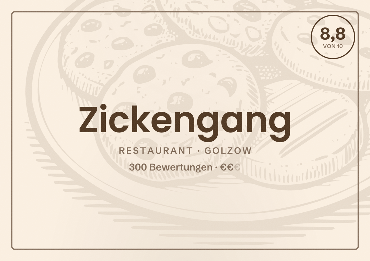 Illustriertes Poster von Zickengang, Restaurant in Golzow: Bewertung 8,8 von 10 aus 300 Bewertungen, Preisniveau €€