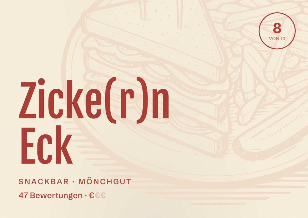 Illustriertes Poster von Zicke(r)n Eck, Snackbar in Mönchgut: Bewertung 8 von 10 aus 47 Bewertungen, Preisniveau €