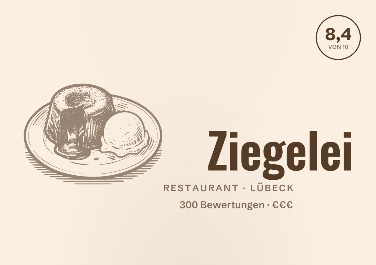 Illustriertes Poster von Ziegelei, Restaurant in Lübeck: Bewertung 8,4 von 10 aus 300 Bewertungen, Preisniveau €€€