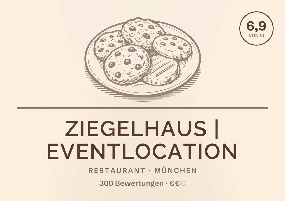 Illustriertes Poster von Ziegelhaus | Eventlocation, Restaurant in München: Bewertung 6,9 von 10 aus 300 Bewertungen, Preisniveau €€