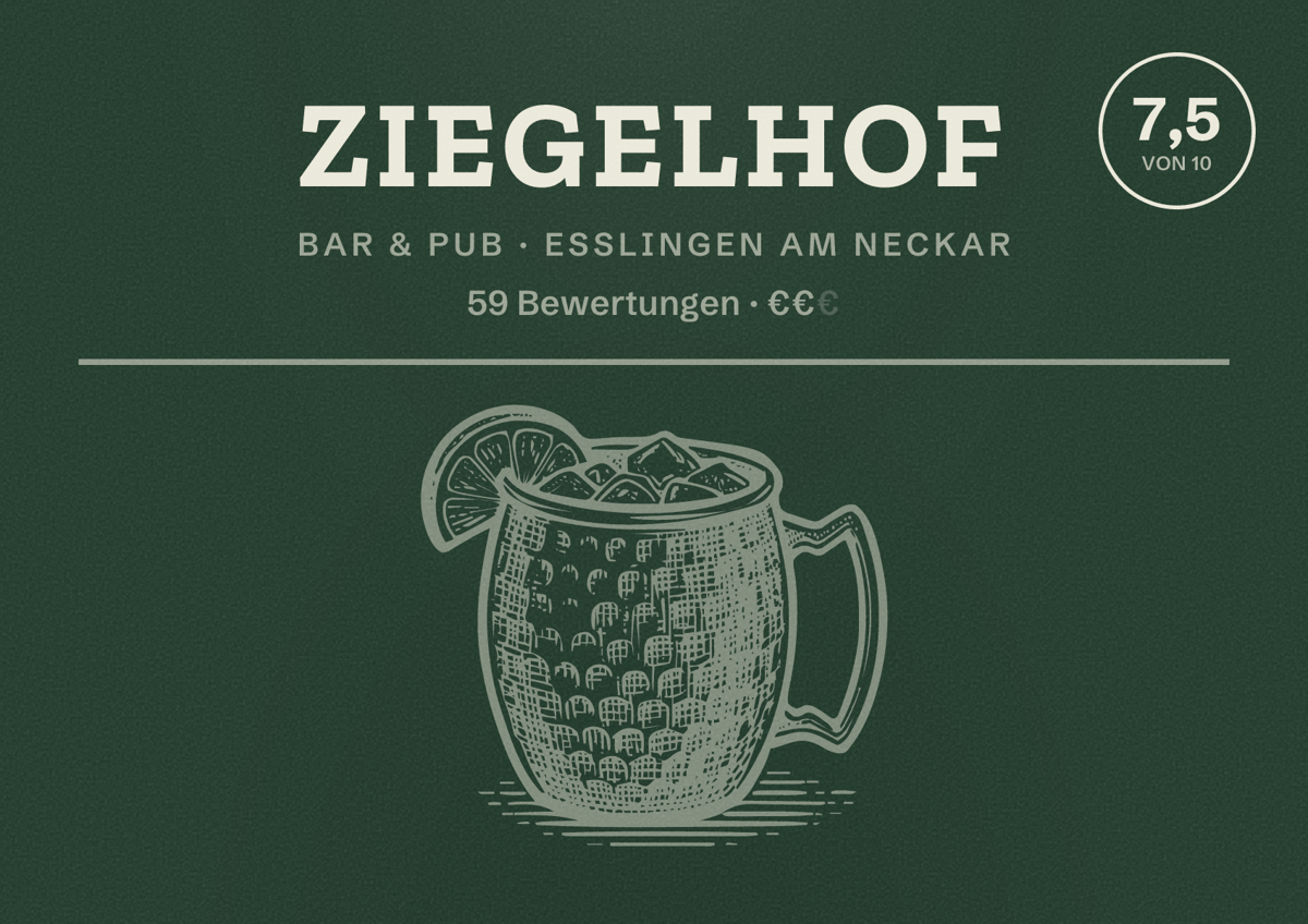 Illustriertes Poster von Ziegelhof, Bar & Pub in Esslingen am Neckar: Bewertung 7,5 von 10 aus 59 Bewertungen, Preisniveau €€