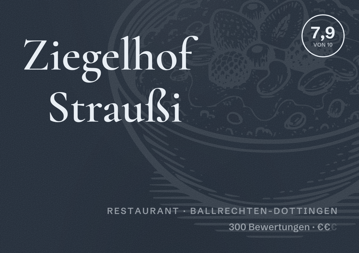 Illustriertes Poster von Ziegelhof Straußi, Restaurant in Ballrechten-Dottingen: Bewertung 7,9 von 10 aus 300 Bewertungen, Preisniveau €€