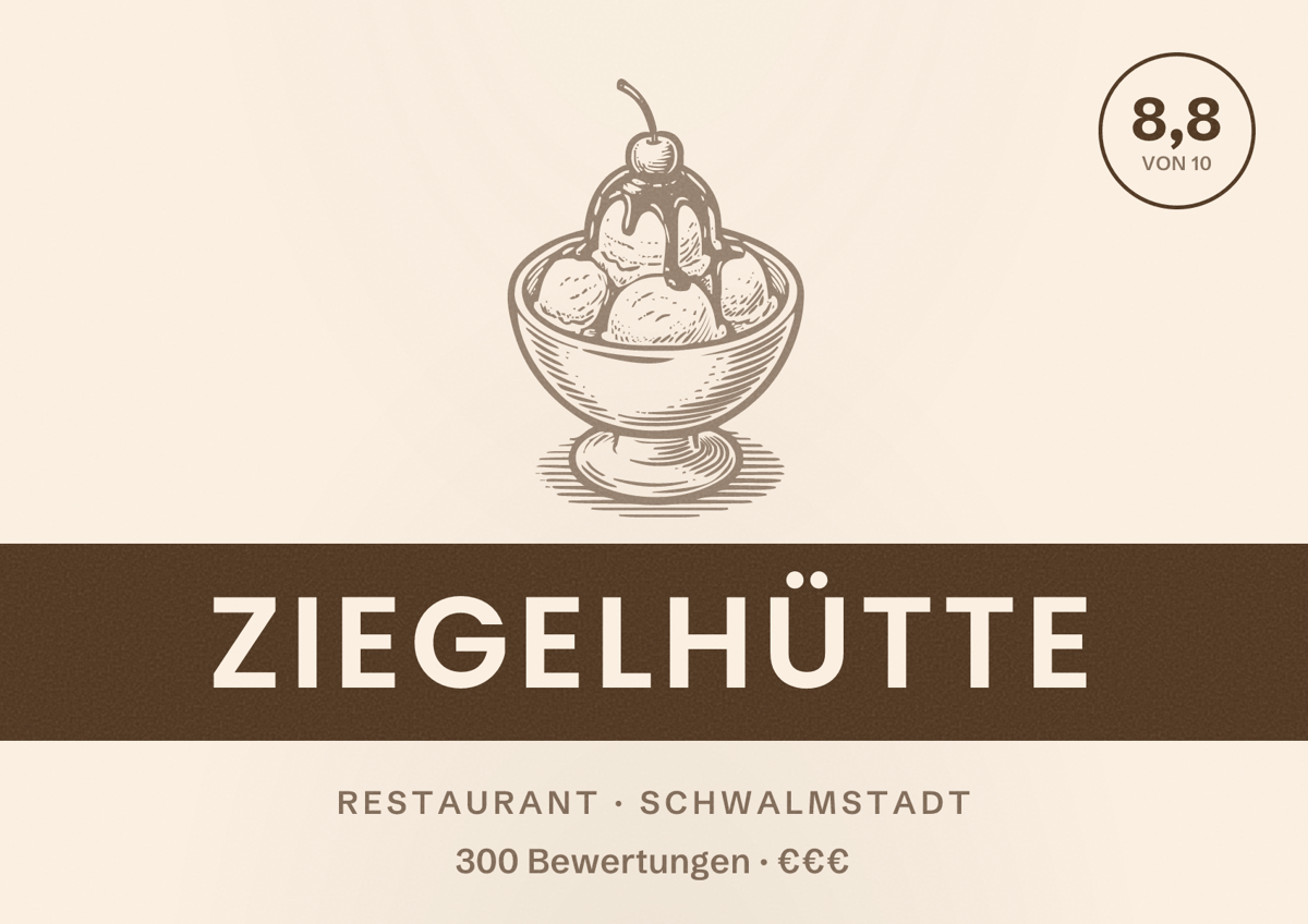 Illustriertes Poster von Ziegelhütte, Restaurant in Schwalmstadt: Bewertung 8,8 von 10 aus 300 Bewertungen, Preisniveau €€€