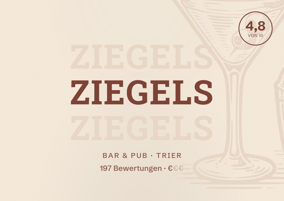 Illustriertes Poster von Ziegels, Bar & Pub in Trier: Bewertung 4,8 von 10 aus 197 Bewertungen, Preisniveau €