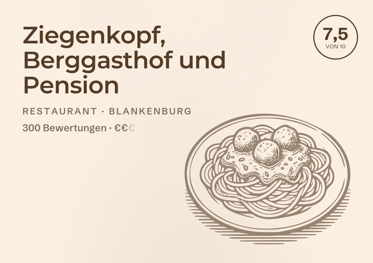 Illustriertes Poster von Ziegenkopf, Berggasthof und Pension, Restaurant in Blankenburg: Bewertung 7,5 von 10 aus 300 Bewertungen, Preisniveau €€