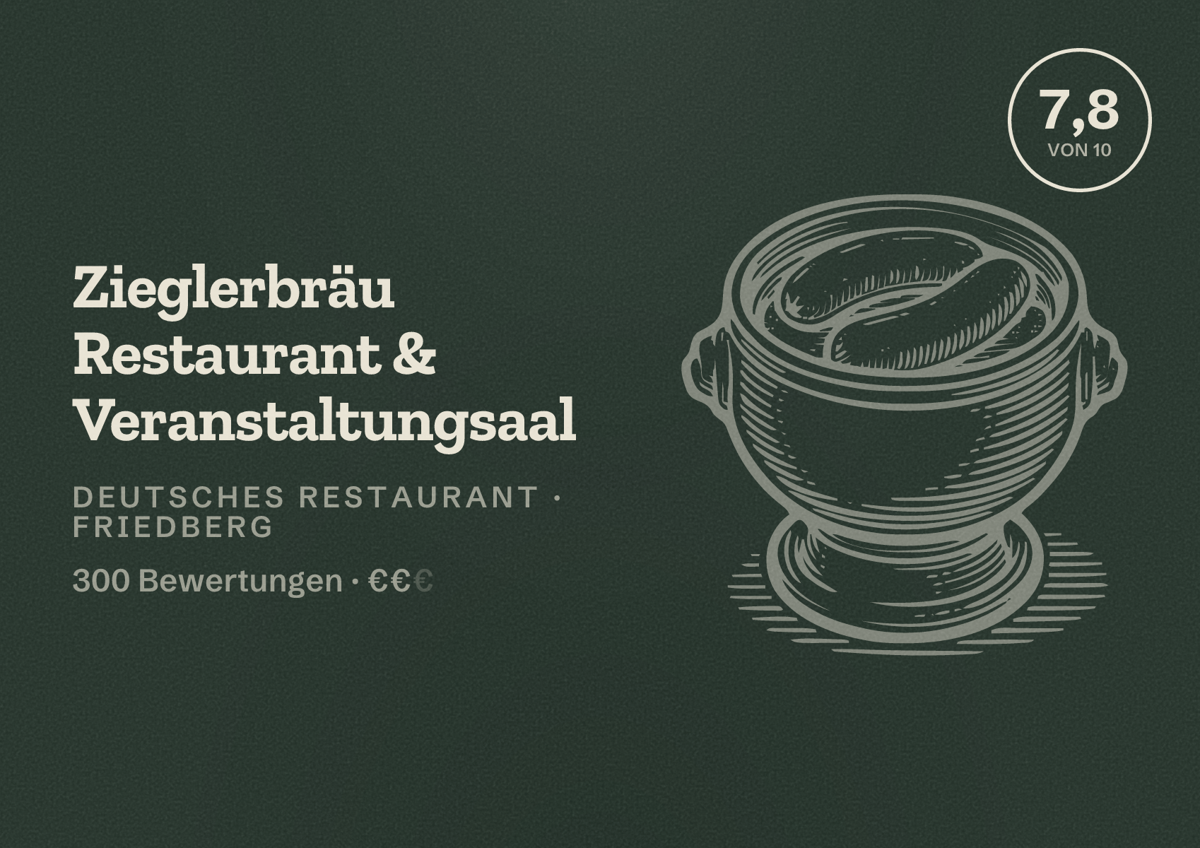 Illustriertes Poster von Zieglerbräu Restaurant & Veranstaltungsaal, Deutsches Restaurant in Friedberg: Bewertung 7,8 von 10 aus 300 Bewertungen, Preisniveau €€