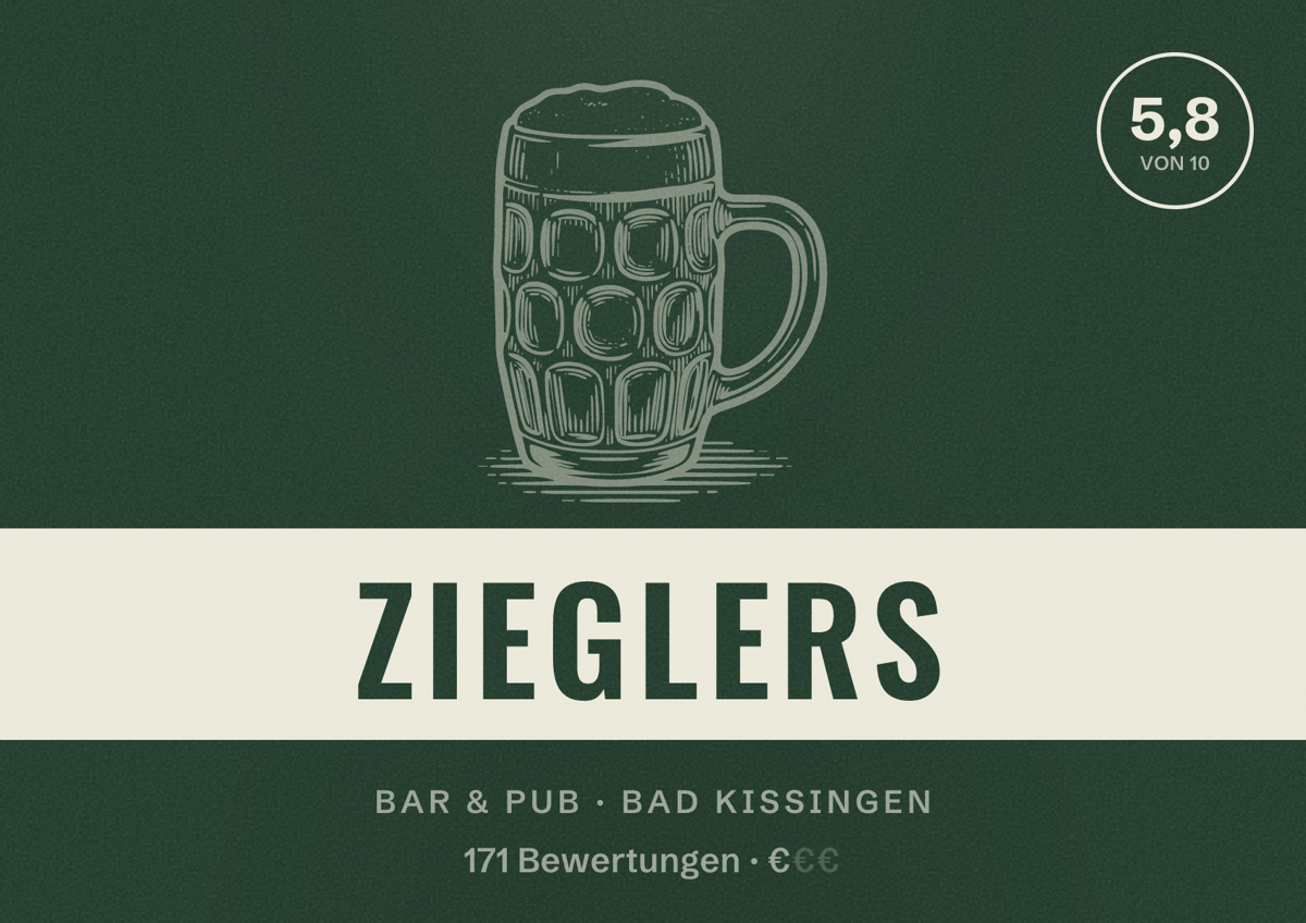 Illustriertes Poster von Zieglers, Bar & Pub in Bad Kissingen: Bewertung 5,8 von 10 aus 171 Bewertungen, Preisniveau €