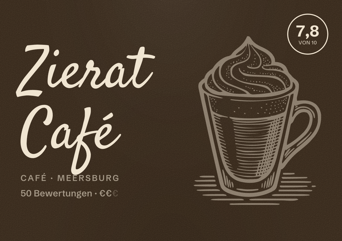 Illustriertes Poster von Zierat Café, Café in Meersburg: Bewertung 7,8 von 10 aus 50 Bewertungen, Preisniveau €€