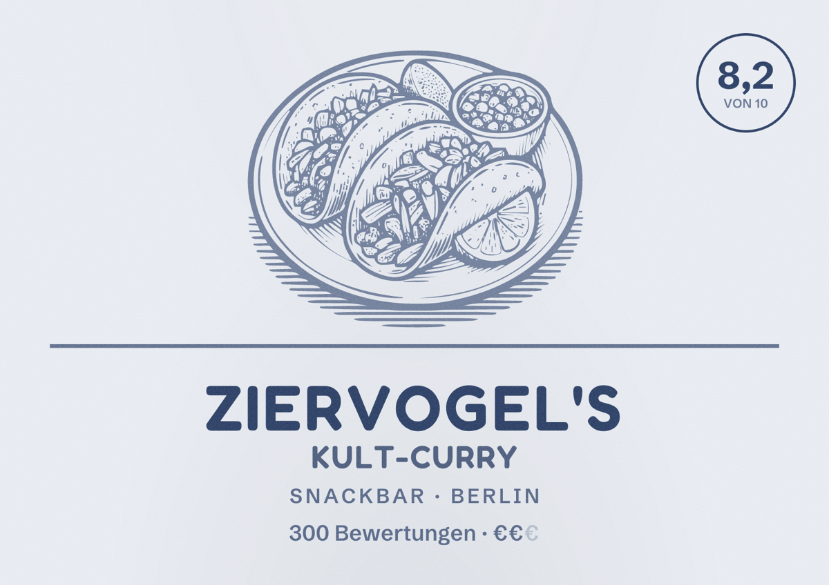 Illustriertes Poster von Ziervogel's Kult-Curry, Snackbar in Berlin: Bewertung 8,2 von 10 aus 300 Bewertungen, Preisniveau €€
