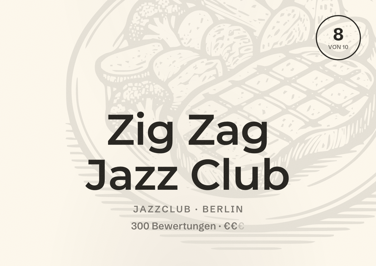 Illustriertes Poster von Zig Zag Jazz Club, Jazzclub in Berlin: Bewertung 8,0 von 10 aus 300 Bewertungen, Preisniveau €€