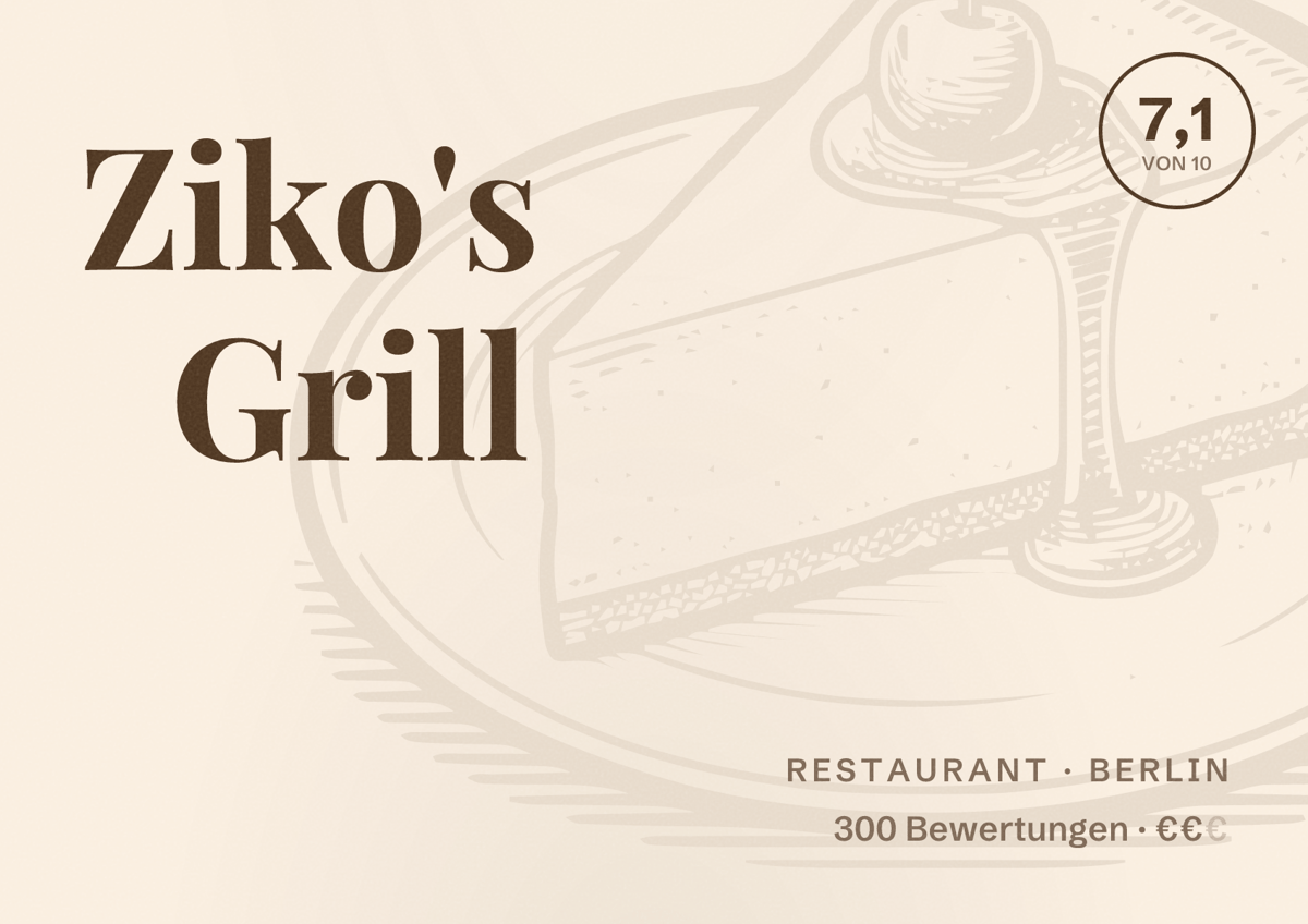 Illustriertes Poster von Ziko's Grill, Restaurant in Berlin: Bewertung 7,1 von 10 aus 300 Bewertungen, Preisniveau €€