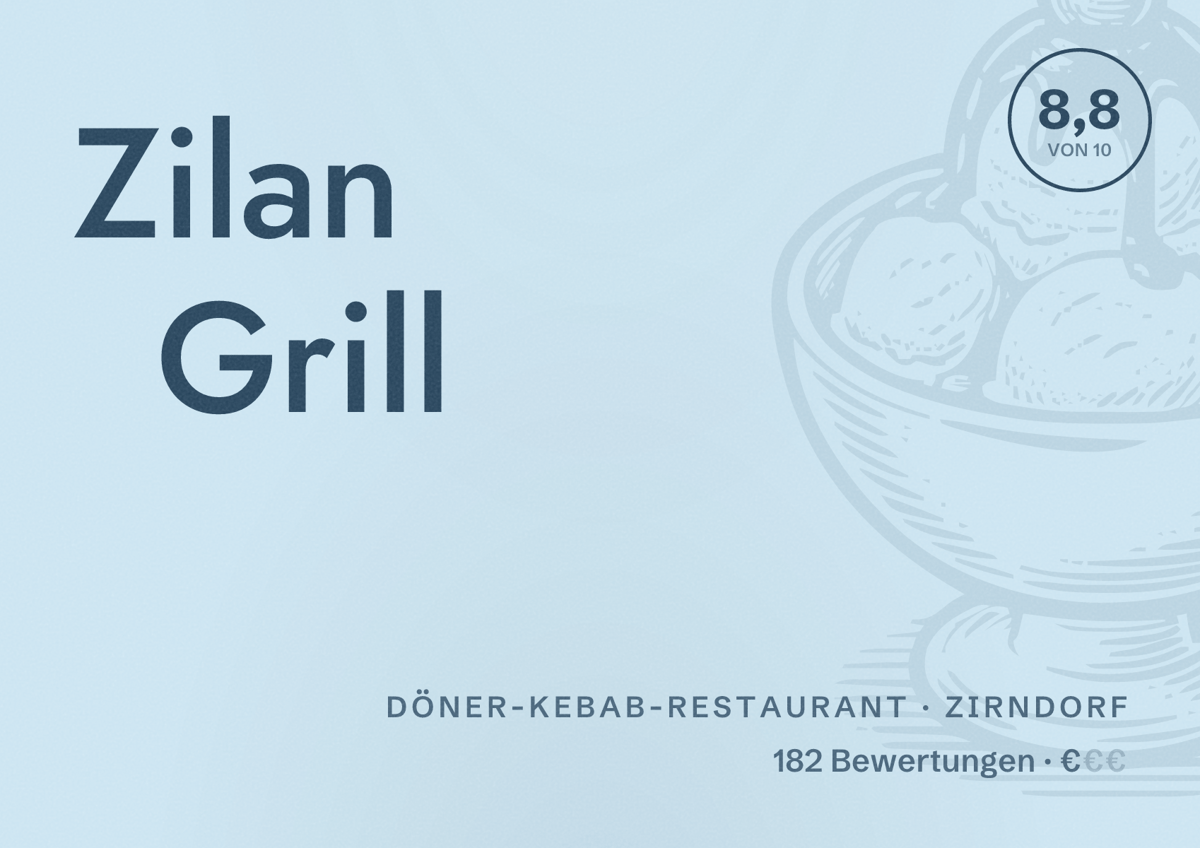 Illustriertes Poster von Zilan Grill, Döner-Kebab-Restaurant in Zirndorf: Bewertung 8,8 von 10 aus 182 Bewertungen, Preisniveau €