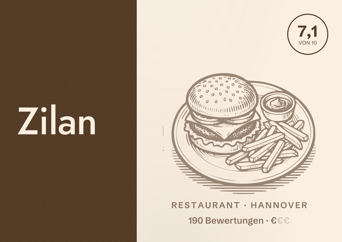 Illustriertes Poster von Zilan, Restaurant in Hannover: Bewertung 7,1 von 10 aus 190 Bewertungen, Preisniveau €