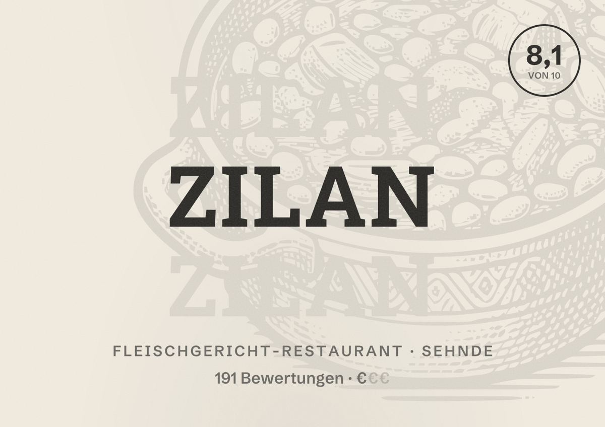Illustriertes Poster von Zilan, Fleischgericht-Restaurant in Sehnde: Bewertung 8,1 von 10 aus 191 Bewertungen, Preisniveau €