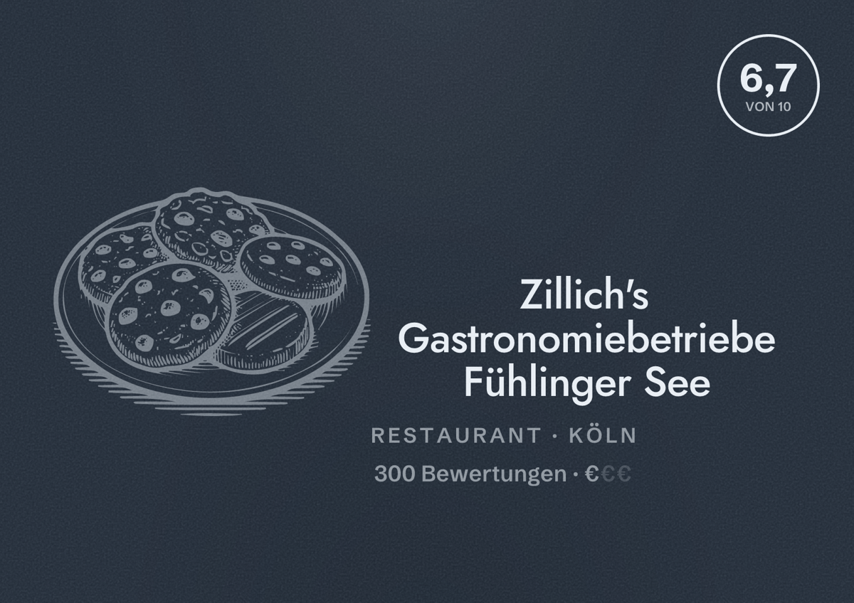 Illustriertes Poster von Zillich's Gastronomiebetriebe Fühlinger See, Restaurant in Köln: Bewertung 6,7 von 10 aus 300 Bewertungen, Preisniveau €