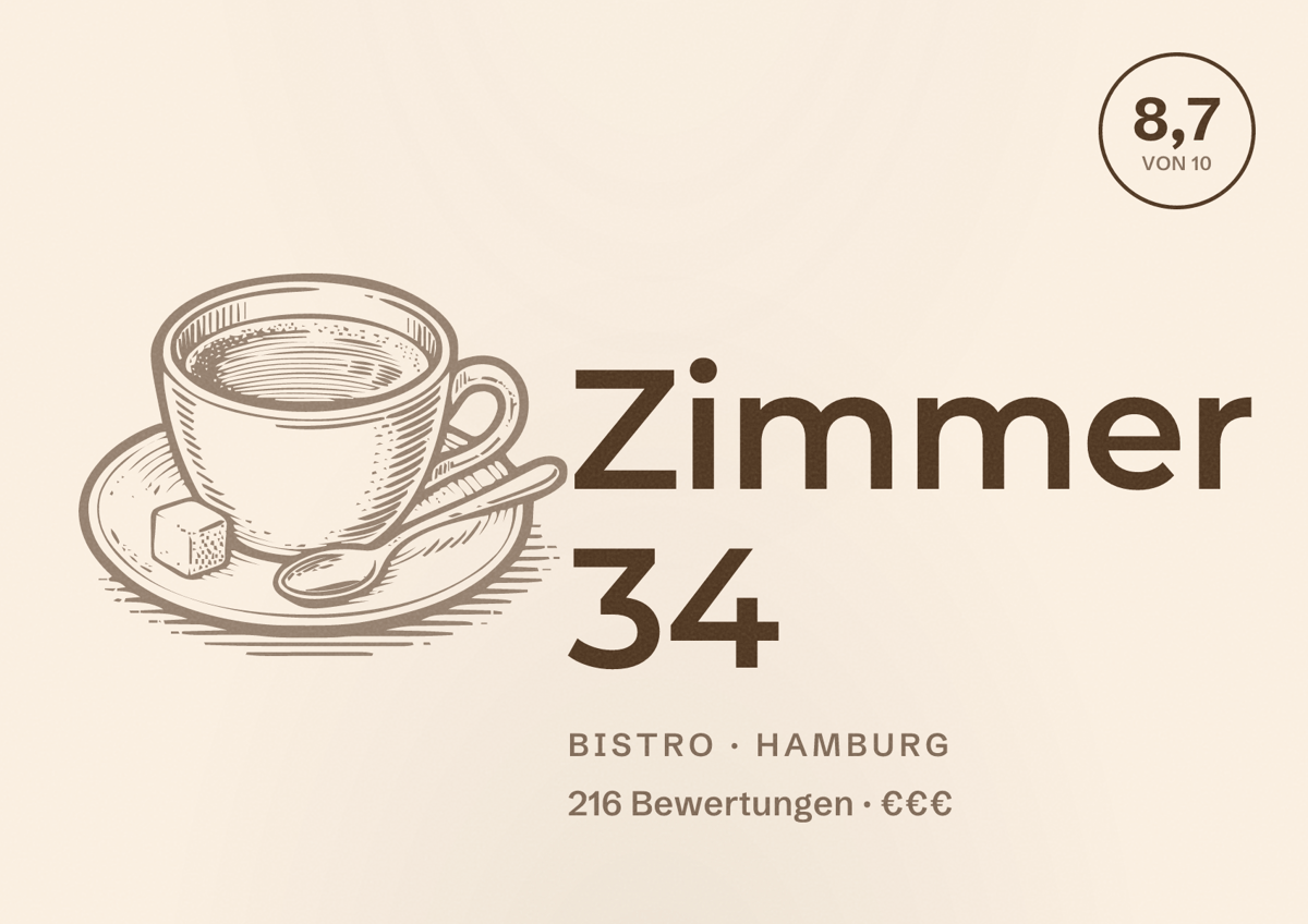 Illustriertes Poster von Zimmer 34, Bistro in Hamburg: Bewertung 8,7 von 10 aus 216 Bewertungen, Preisniveau €€€