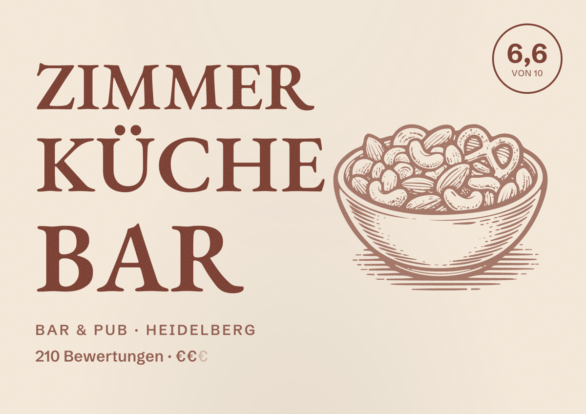 Illustriertes Poster von Zimmer Küche Bar, Bar & Pub in Heidelberg: Bewertung 6,6 von 10 aus 210 Bewertungen, Preisniveau €€