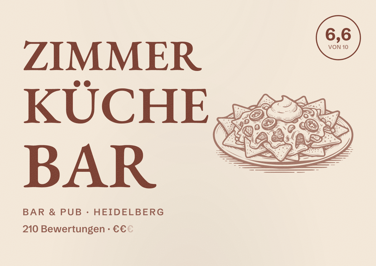 Illustriertes Poster von Zimmer Küche Bar, Bar & Pub in Heidelberg: Bewertung 6,6 von 10 aus 210 Bewertungen, Preisniveau €€