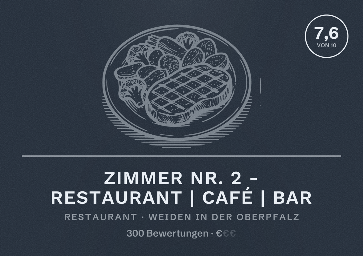 Illustriertes Poster von Zimmer Nr. 2 - Restaurant | Café | Bar, Restaurant in Weiden in der Oberpfalz: Bewertung 7,6 von 10 aus 300 Bewertungen, Preisniveau €