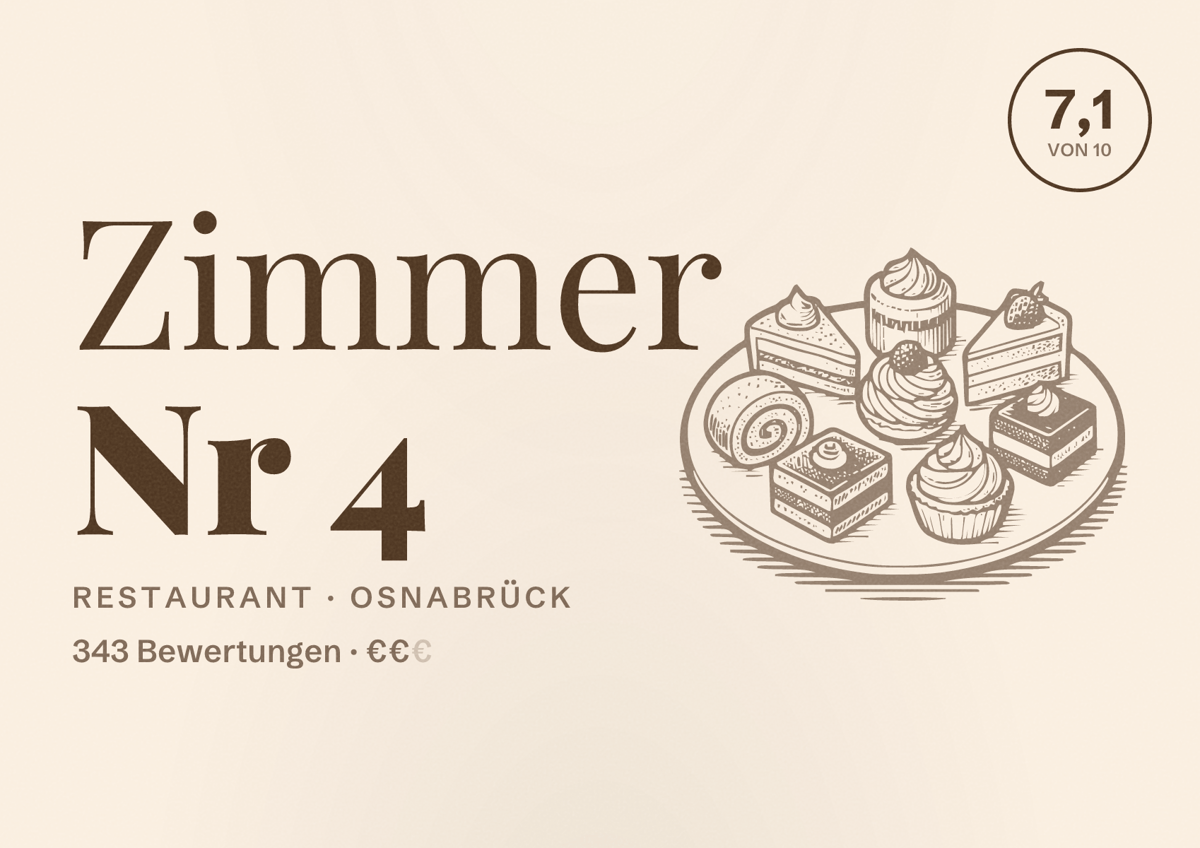 Illustriertes Poster von Zimmer Nr 4, Restaurant in Osnabrück: Gästebewertung 7,1 von 10 aus 343 Bewertungen