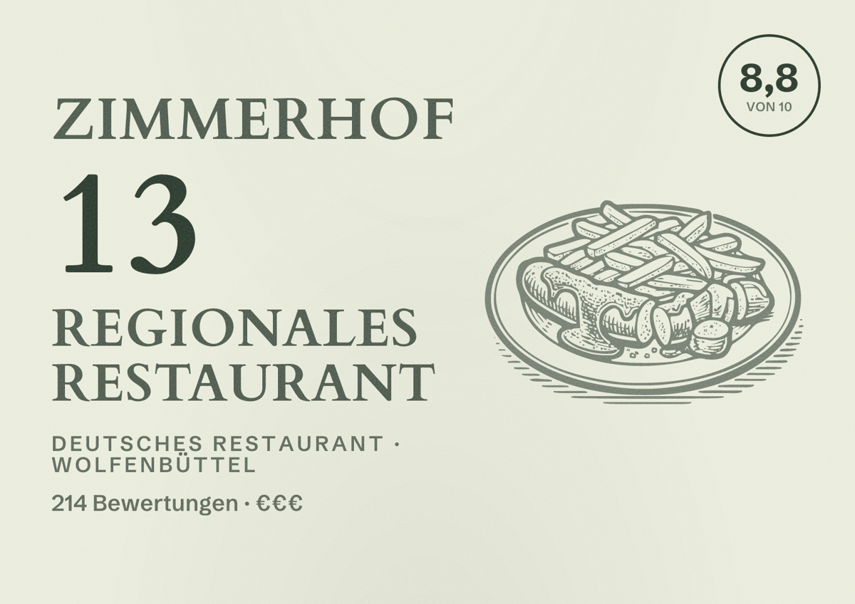 Illustriertes Poster von Zimmerhof 13 regionales Restaurant, Deutsches Restaurant in Wolfenbüttel: Bewertung 8,8 von 10 aus 214 Bewertungen, Preisniveau €€€
