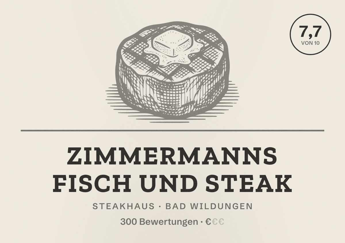 Illustriertes Poster von Zimmermanns Fisch und Steak, Steakhaus in Bad Wildungen: Bewertung 7,7 von 10 aus 300 Bewertungen, Preisniveau €