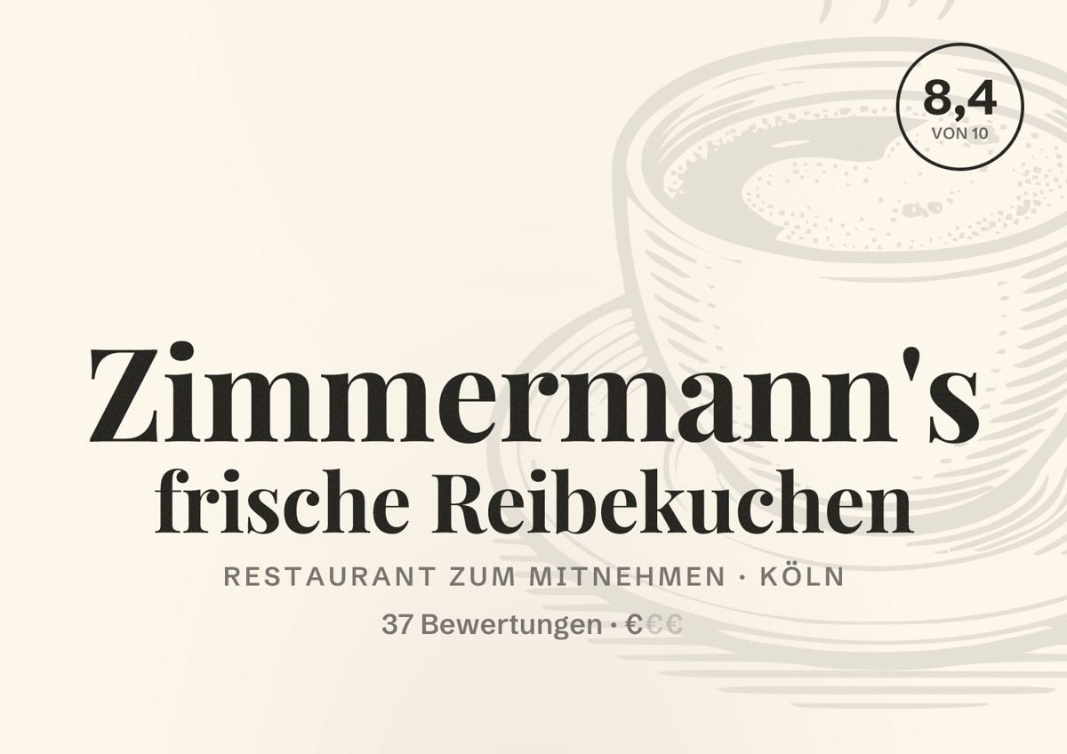 Illustriertes Poster von Zimmermann's frische Reibekuchen, Restaurant zum Mitnehmen in Köln: Bewertung 8,4 von 10 aus 37 Bewertungen, Preisniveau €