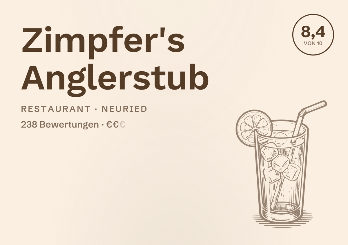 Illustriertes Poster von Zimpfer's Anglerstub, Restaurant in Neuried: Bewertung 8,4 von 10 aus 238 Bewertungen, Preisniveau €€